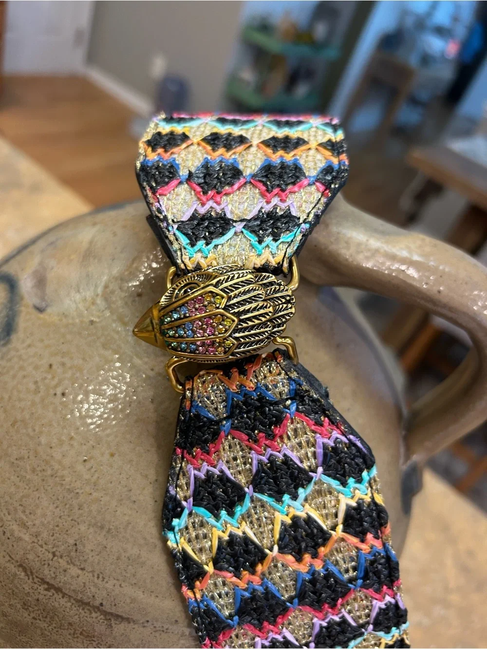 Kurt Geiger Rainbow Raffia Stretch Belt with Gold Accent